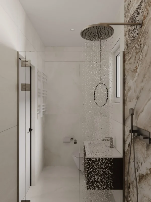 Concealed rain shower and a window in the guest shower room