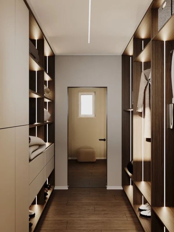 Walk-in wardrobe aisle with LED-lit uprights and open shelving