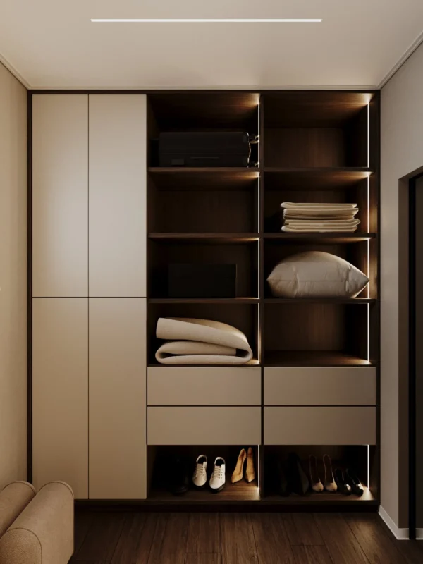 Wardrobe unit: shelves for textiles, drawers and a lower shoe tier