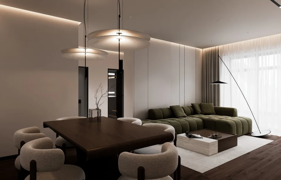 Jadalnia i salon: drewniany stół, krzesła z bouclé i lampy wiszące w kształcie dysków